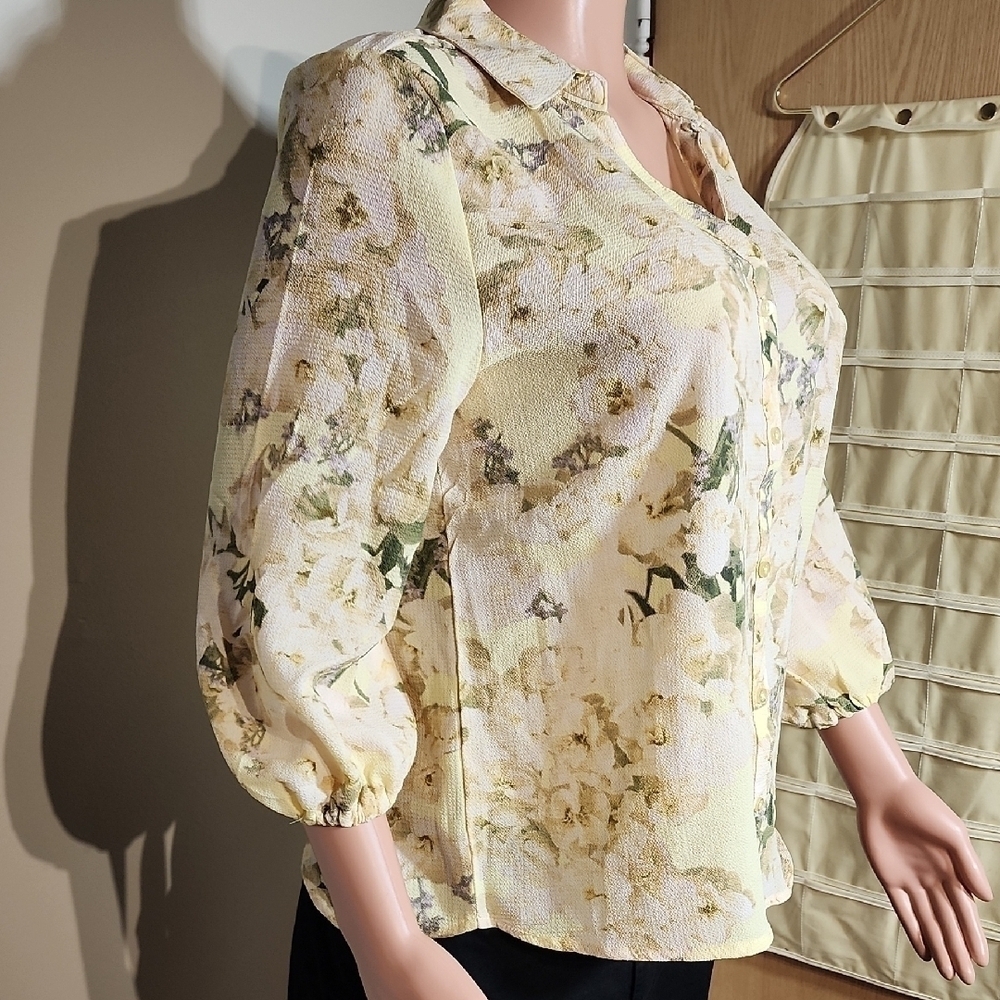 Elegant Floral Blouse - Cream and Green - Picture 2 of 11